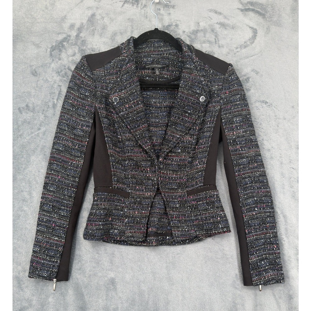 White House Black Market Blazer Womens Size 0 Tweed Moto Black Office Career